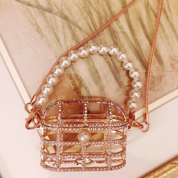 Rhinestone and pearl Metal cage airpod case micro mini purse - Picture 12 of 13